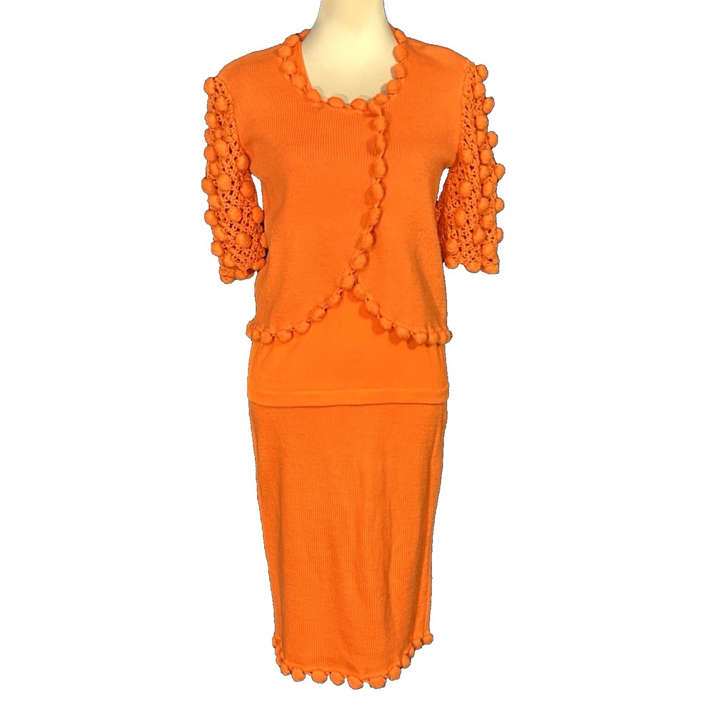 AMAZING 60s Knit Cardigan & Skirt Set Vibrant Peachy Orange Bubble Ball Accents